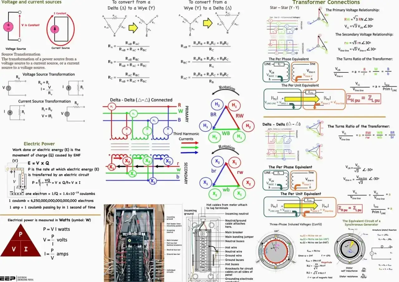 Schemat elektryczny z wzorami na moc, transformatory i połączenia.