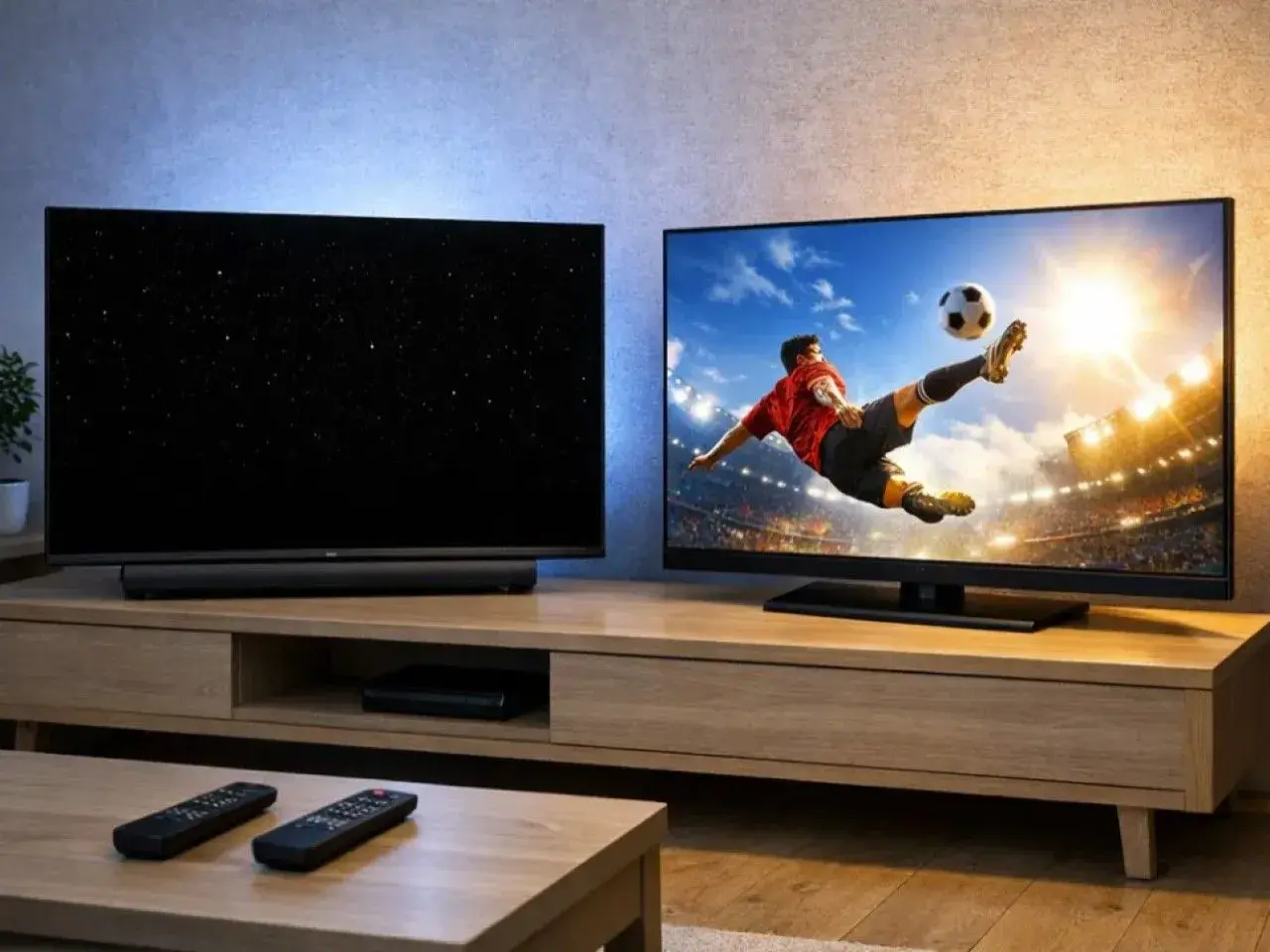 Dwa telewizory na drewnianej szafce. Jeden pokazuje gwiazdy, drugi mecz piłki nożnej. Który lepszy: oled czy qled?