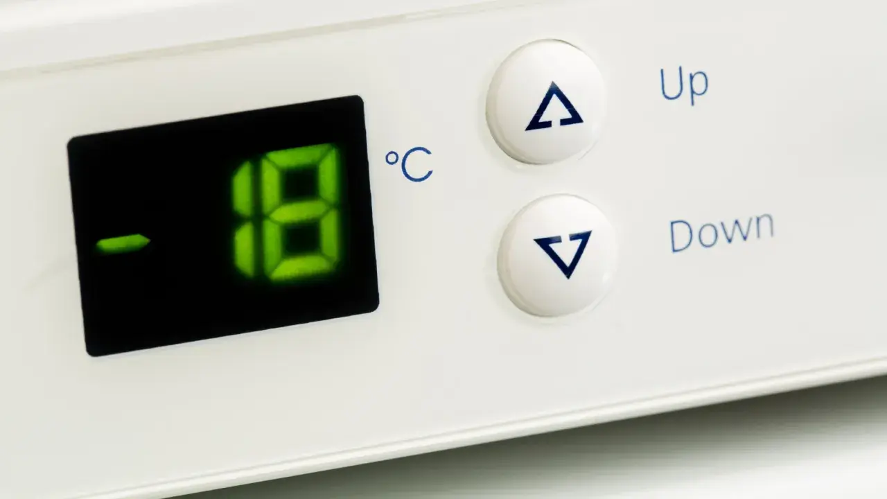 Cyfrowy wyświetlacz pokazuje temperaturę w zamrażarce: -18°C. Obok przyciski "Up" i "Down" do regulacji.