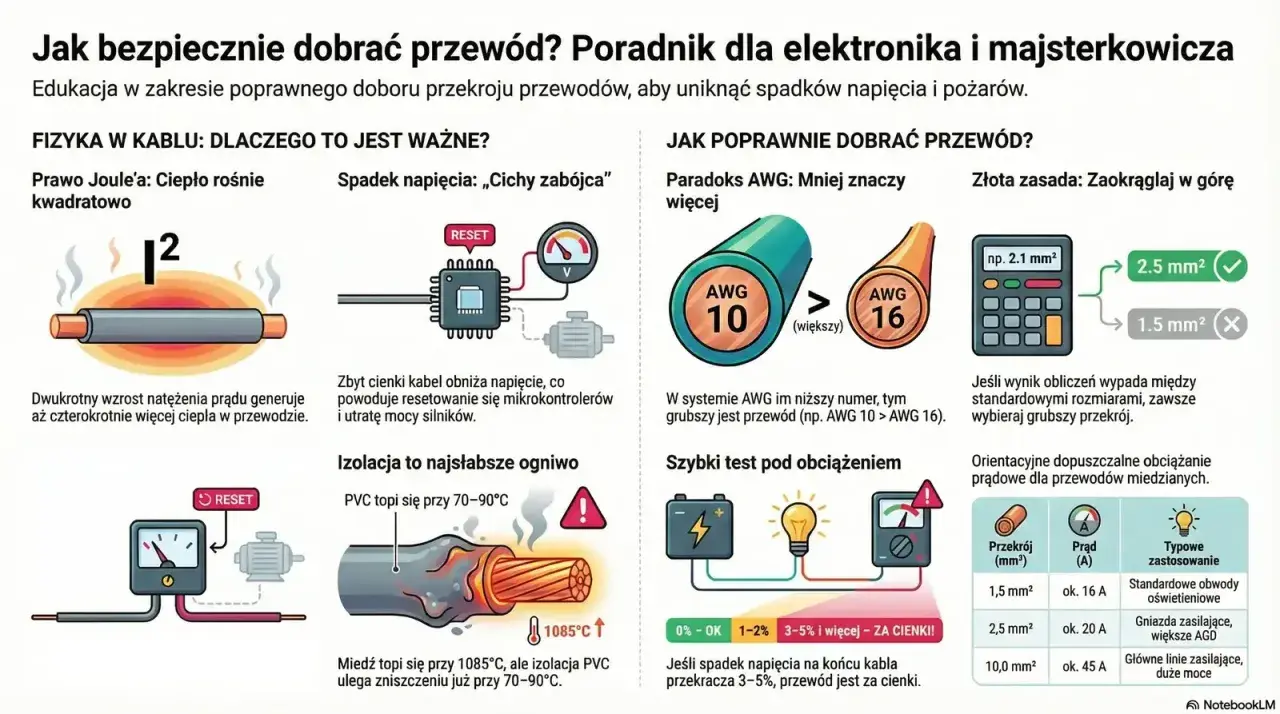 Zbyt cienki kabel powoduje spadek napięcia, resetowanie urządzeń i straty mocy. Wybieraj grubszy przekrój, by uniknąć problemów z niskim napięciem.