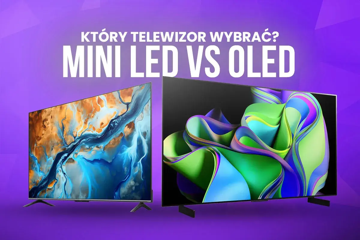 Dwa telewizory, jeden z abstrakcyjnym obrazem w odcieniach niebieskiego i pomarańczowego, drugi z kolorową falą. Który wybrać: Mini LED czy OLED?
