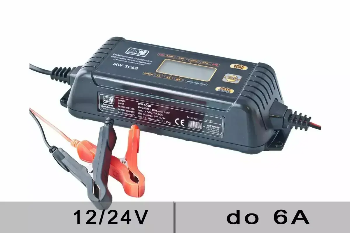 Inteligentna ładowarka akumulatorowa MW-SC6B z zaciskami, obsługująca 12/24V do 6A.