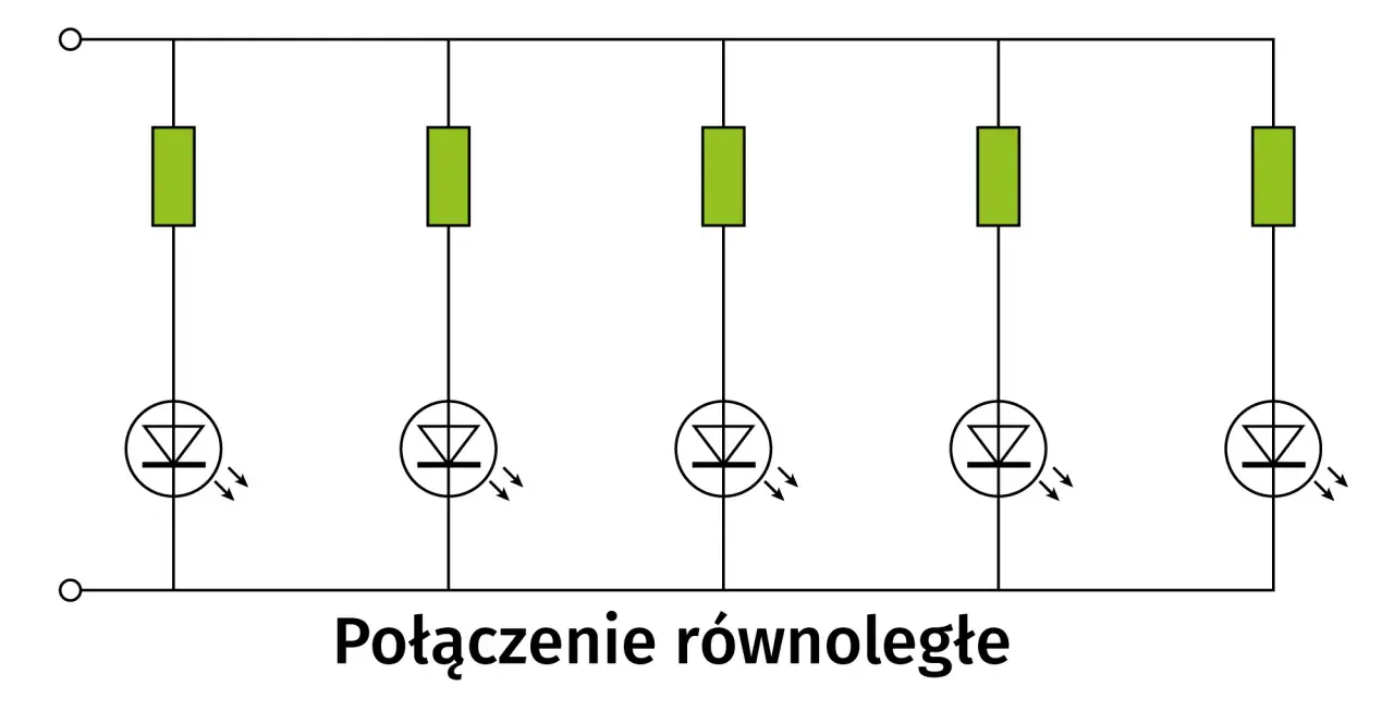 Schemat połączenia równoległego pięciu diod LED z rezystorami. Każda dioda świeci niezależnie.