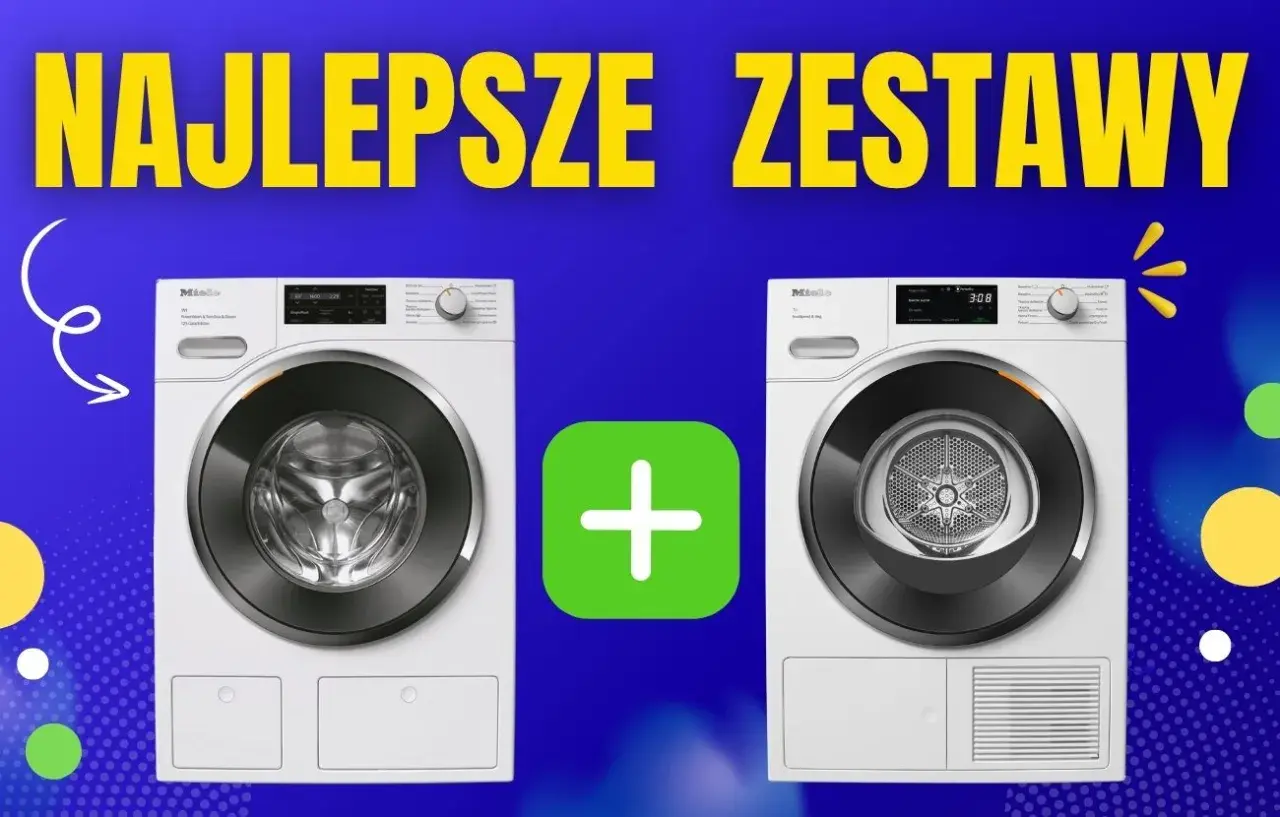Najlepsze zestawy pralka i suszarka ranking. Dwie białe pralki Miele obok siebie, połączone zielonym znakiem plus.