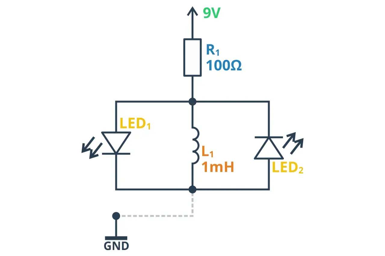Schemat elektryczny z rezystorem, cewką (dławik L1 1mH) i dwoma diodami LED.