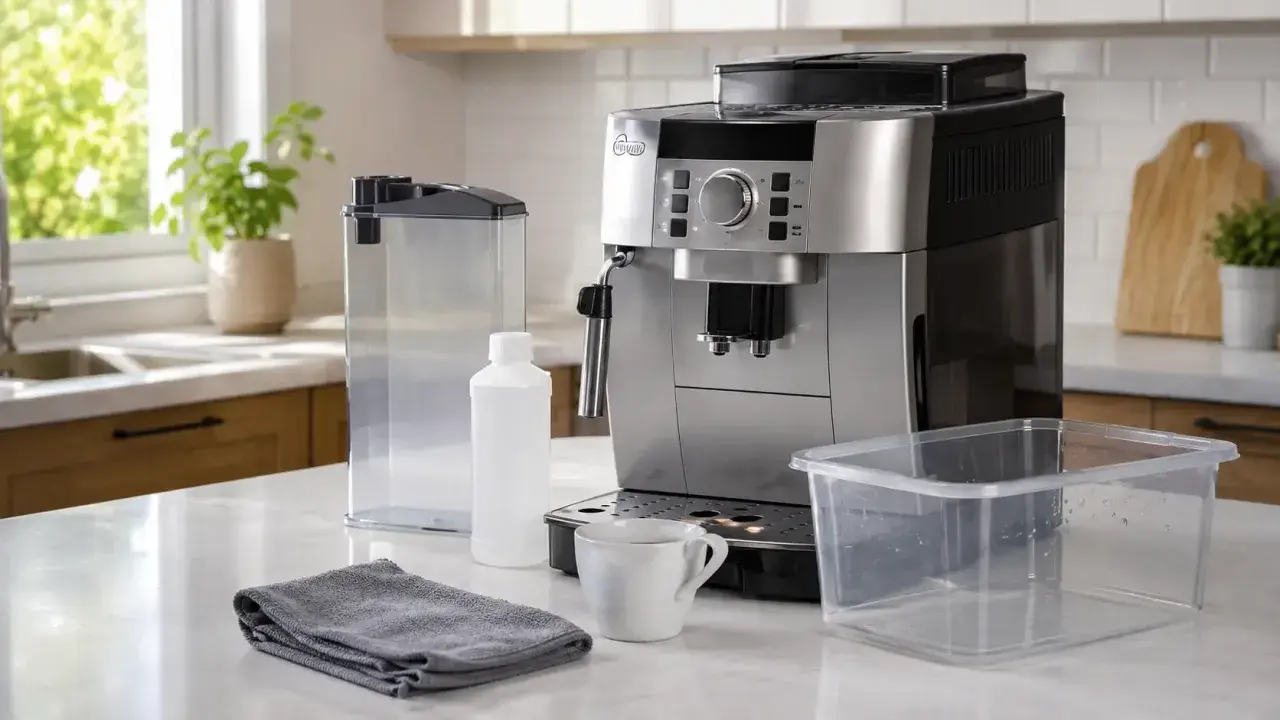 Ekspres DeLonghi, płyn do odkamieniania, pojemnik na wodę i ściereczka. Instrukcja odkamieniania krok po kroku.