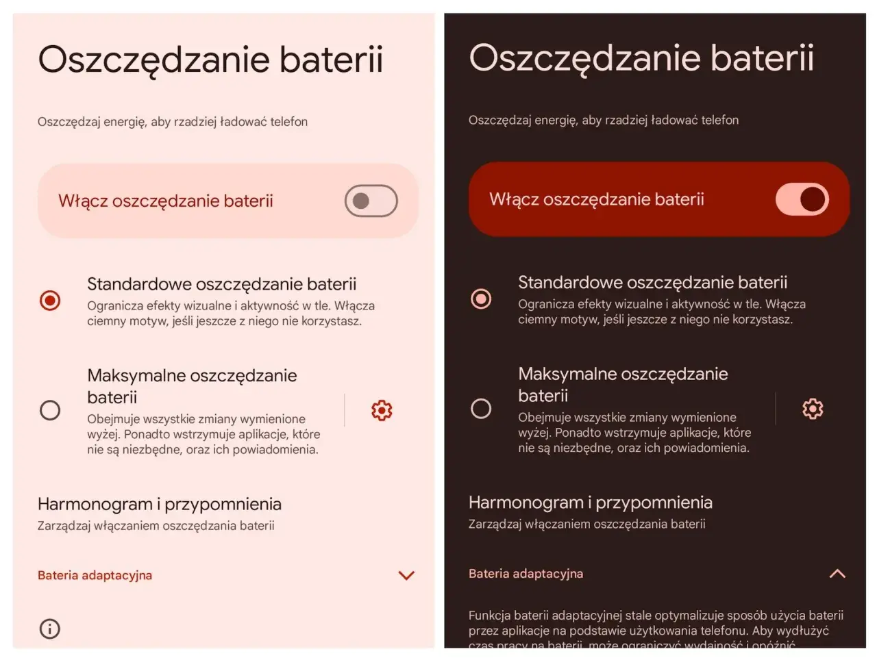 Dwa ekrany telefonu z opcjami oszczędzania baterii. Po lewej jasny motyw, po prawej ciemny. Oba pokazują funkcje oszczędzania energii.