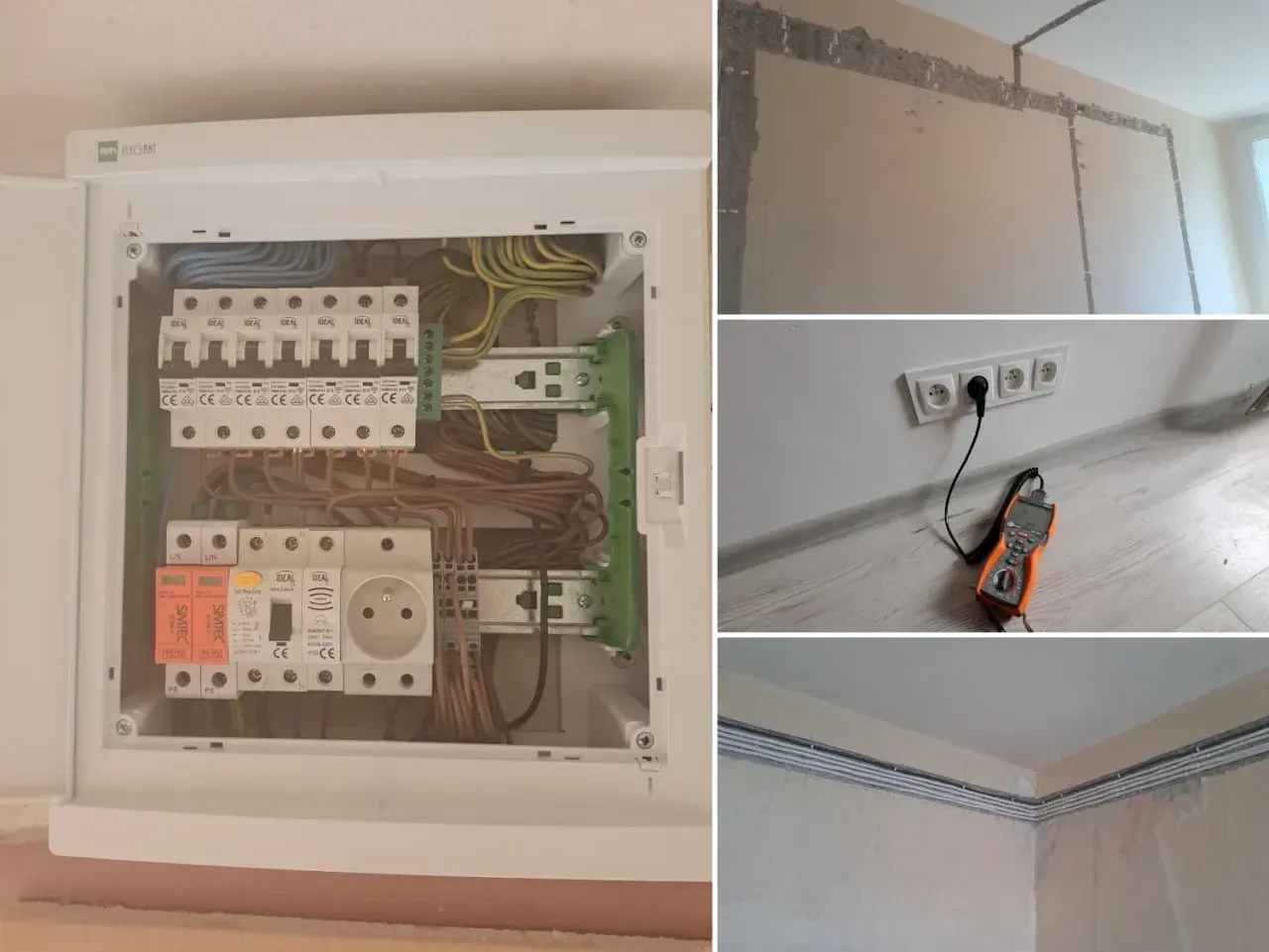 Nowa wymiana instalacji elektrycznej: rozdzielnica z zabezpieczeniami, gniazdka podłączone do pomiaru i kable w ścianach.