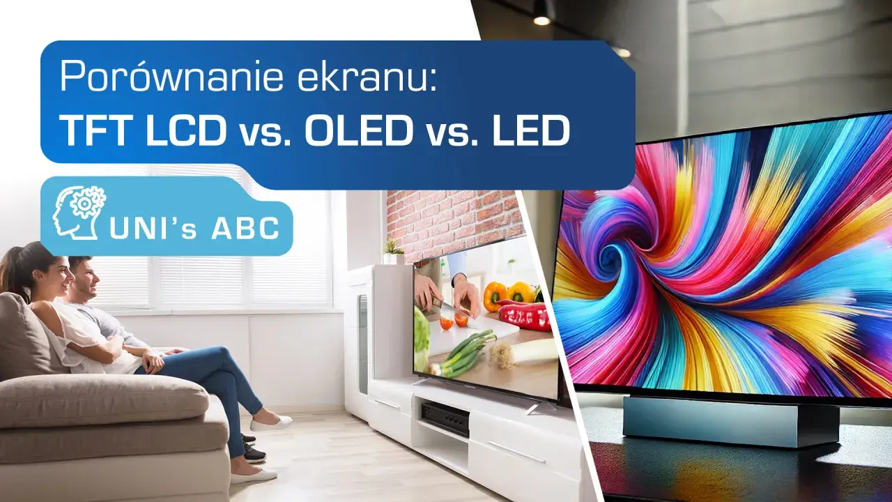 Porównanie ekranów: TFT LCD vs. OLED vs. LED. Para ogląda telewizor, który wyświetla kolorowy obraz.