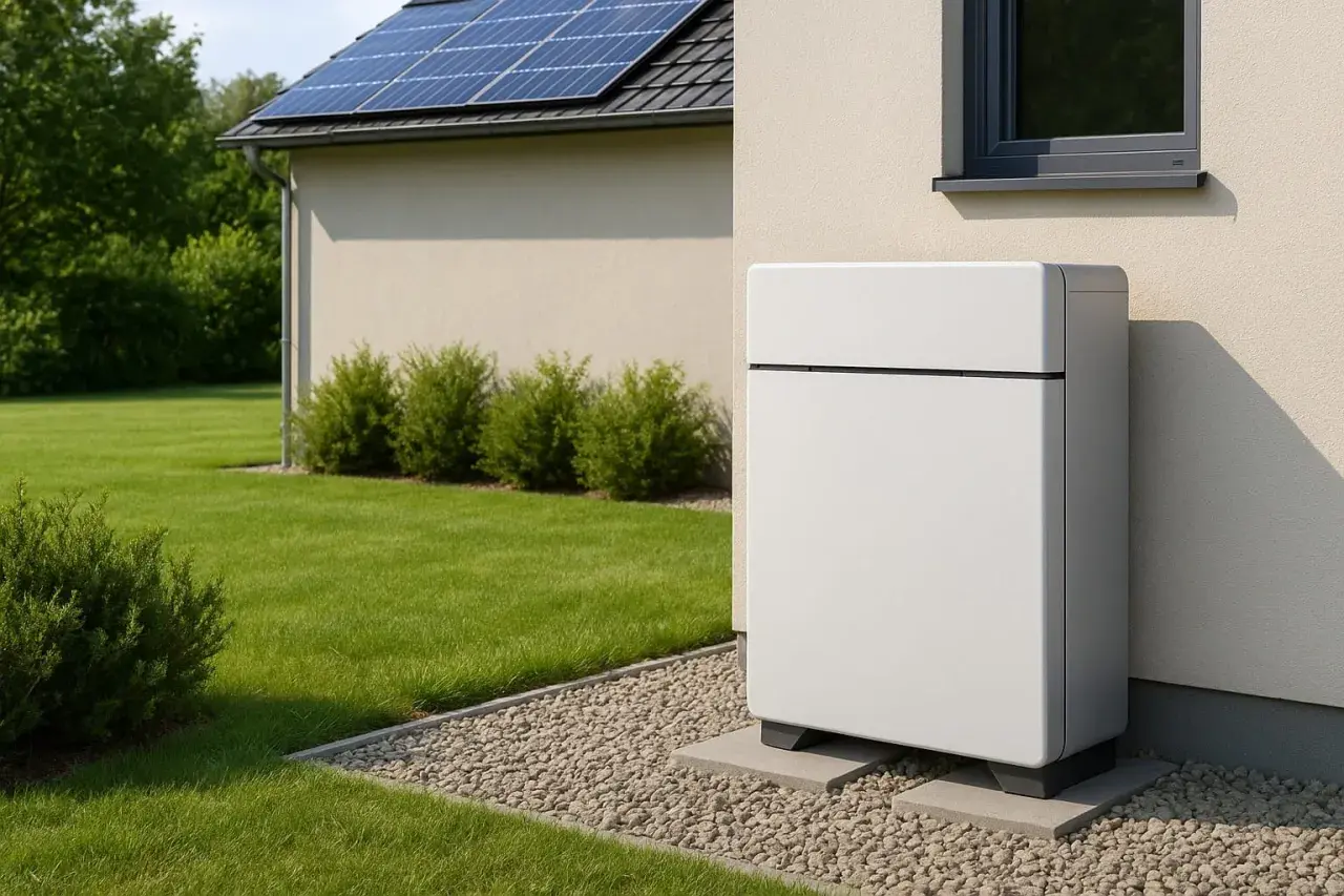 Nowoczesny magazyn energii do fotowoltaiki 10 kW stoi obok domu z panelami słonecznymi.