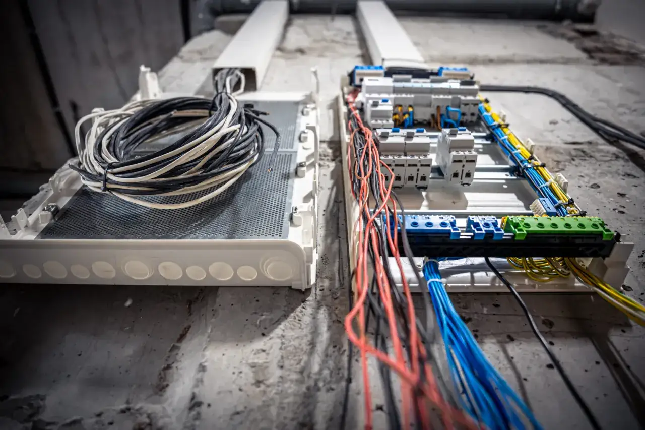 Rozdzielnica elektryczna z przewodami, gotowa do podłączenia. Instalacja niskiego napięcia czeka na elektryka.