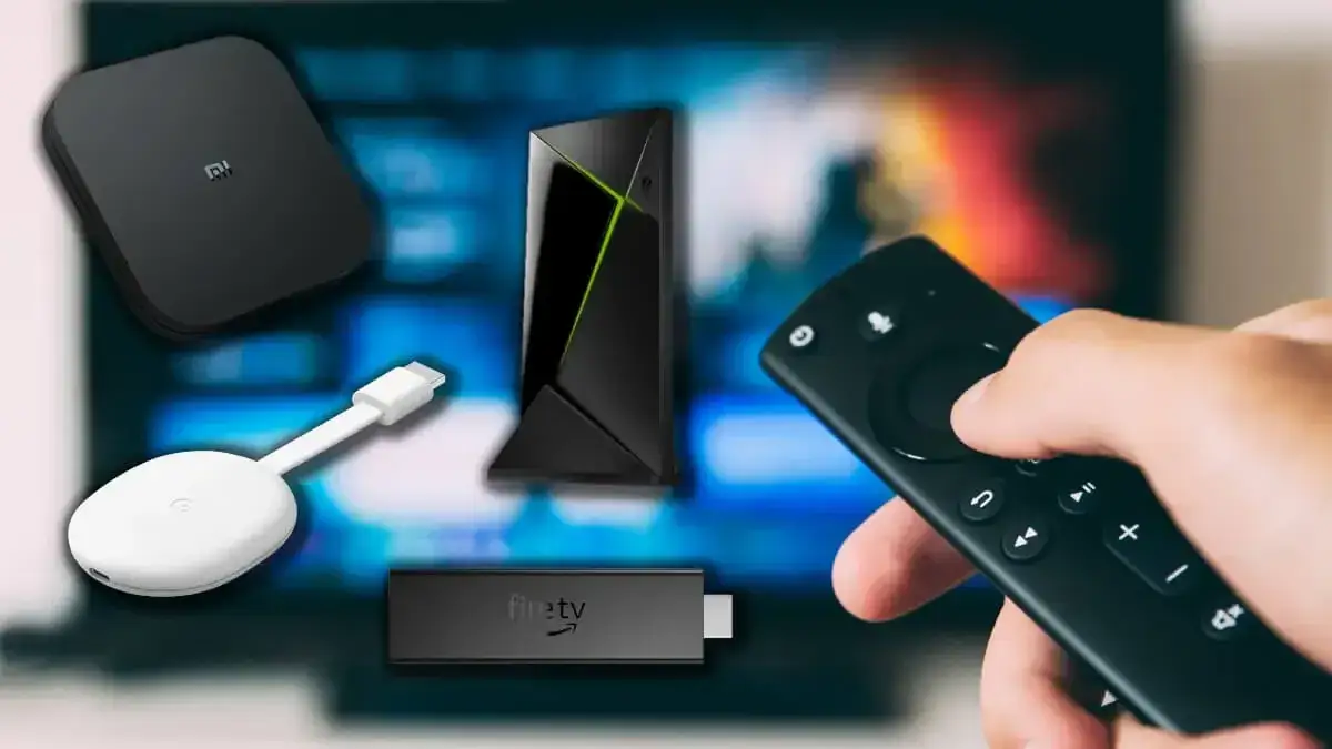 Różne przystawki Smart TV (Chromecast z Google TV, Xiaomi Mi Box, Apple TV, Amazon Fire TV Stick)