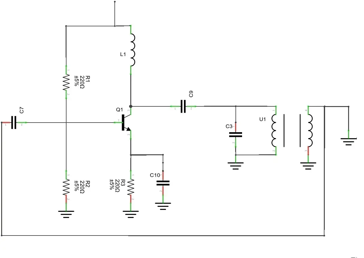 Schemat elektroniczny z tranzystorem Q1, cewką L1 i kondensatorami tworzącymi oscylator.