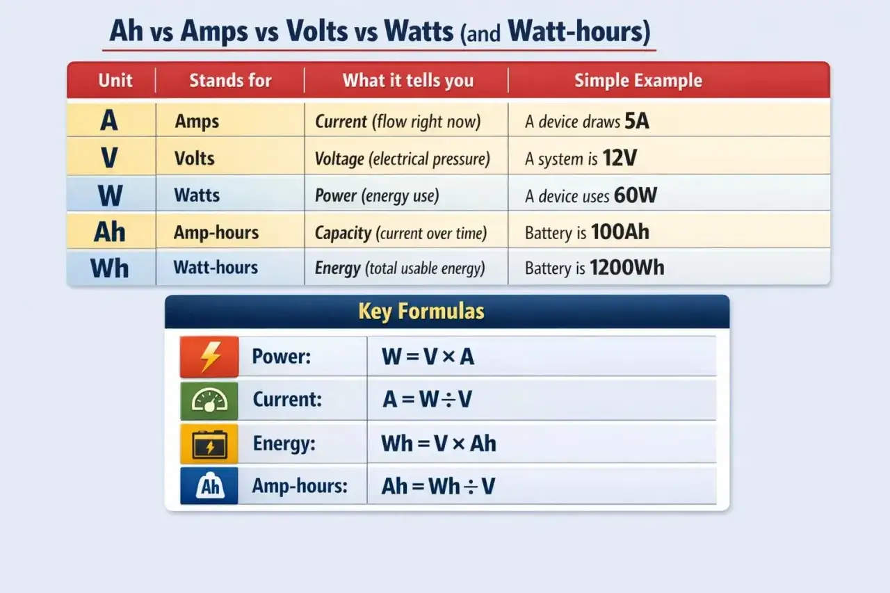 Tabela porównuje jednostki elektryczne: Ampery, Wolty, Waty i Watogodziny. Pokazuje, że pojemność akumulatora jest mierzona w Ah (Amperogodzinach).