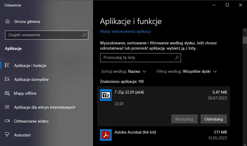 Aplikacje i funkcje Windows 10 odinstaluj program