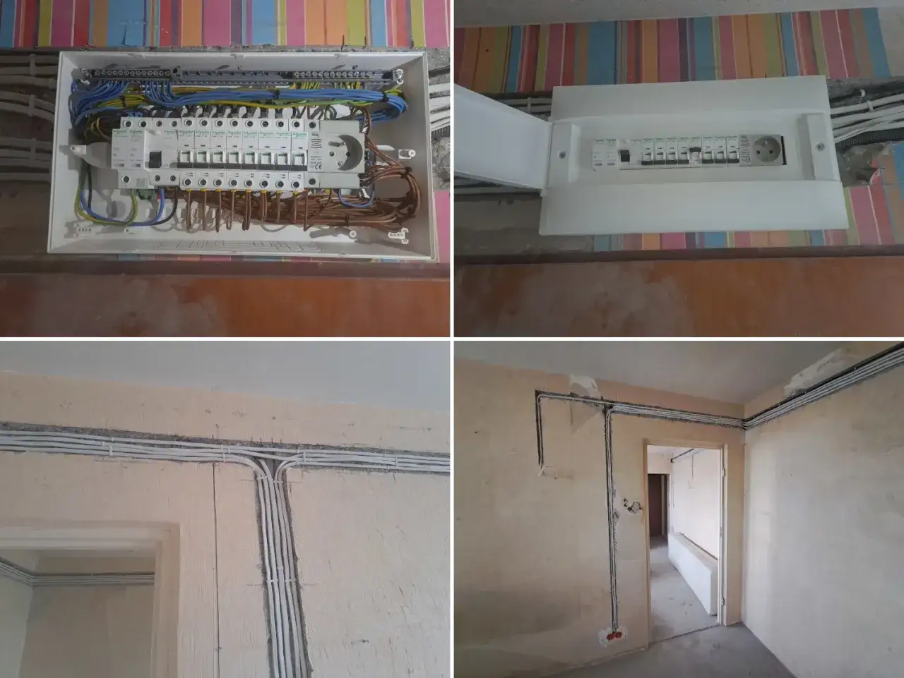 Nowa wymiana instalacji elektrycznej w toku. Widoczny rozdzielacz z zabezpieczeniami i nowe przewody w peszlach na ścianach.