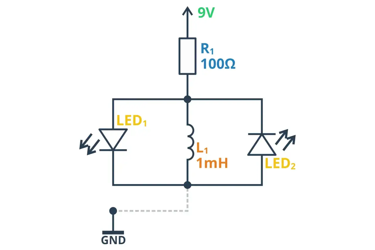 Schemat elektryczny z rezystorem, cewką (dławik L1 1mH) i dwoma diodami LED.