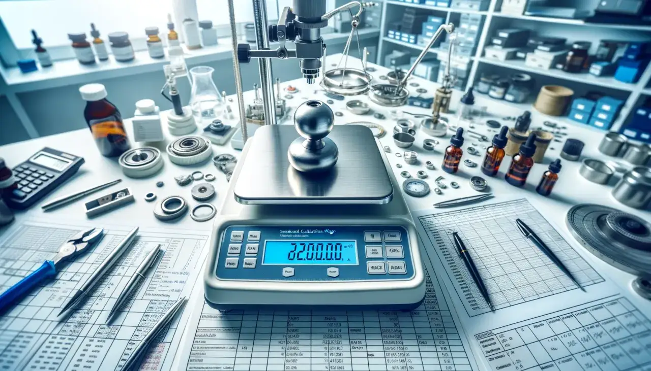 Kalibracja wagi elektronicznej z odważnikiem. Na stole laboratoryjnym, obok precyzyjnej wagi, znajdują się odważniki, fiolki, kalkulator i dokumentacja techniczna.