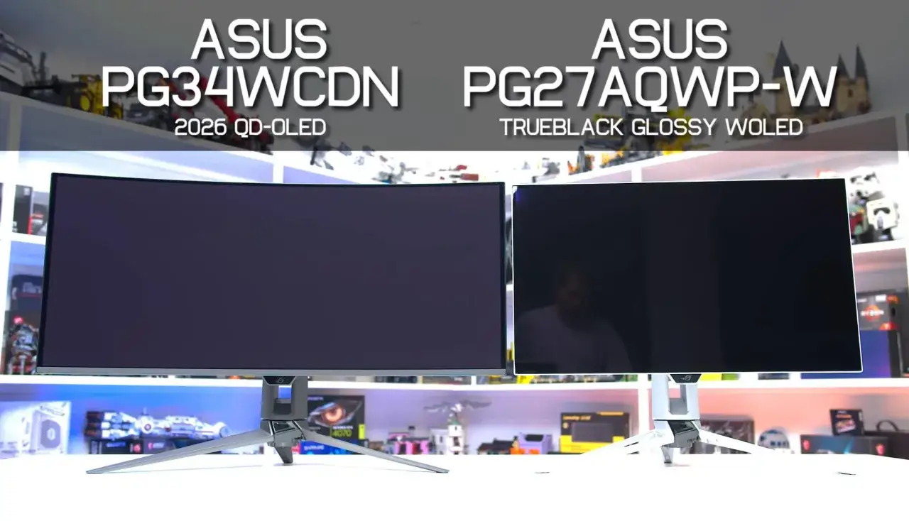 Porównanie monitorów ASUS PG34WCD (2026 QD-OLED) i PG27AQWP-W (True Black Glossy WOLED).