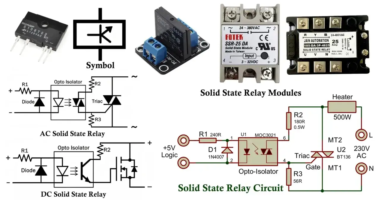 Schematy i moduły SSR (Solid State Relay) pokazują działanie przekaźników bez ruchomych części.