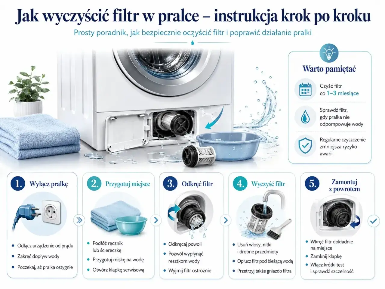 Instrukcja czyszczenia filtra w pralce f05. Krok po kroku: wyłącz, przygotuj, odkręć, wyczyść i zamontuj. Regularne czyszczenie zapewnia lepsze działanie.