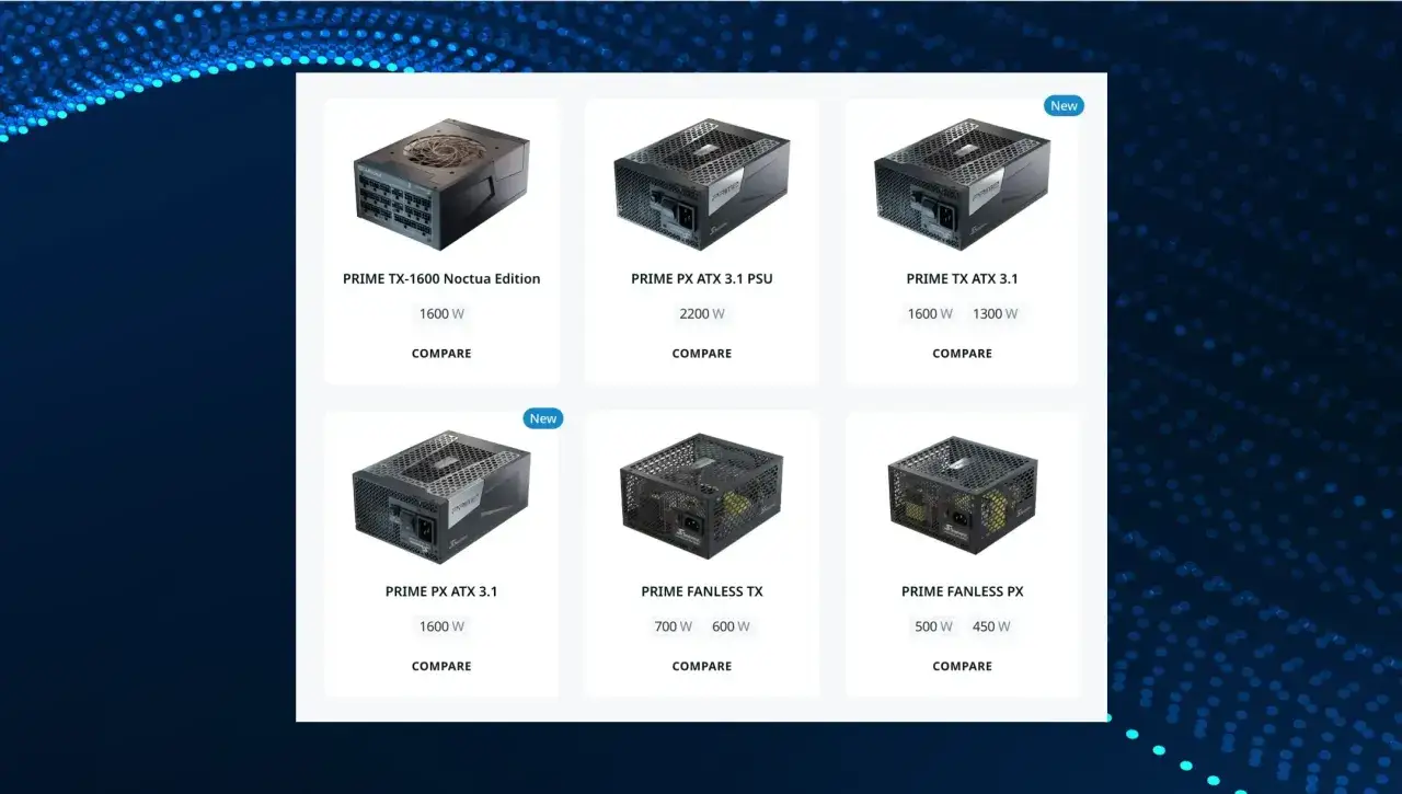 Sześć zasilaczy komputerowych w formacie ATX, w tym modele Noctua Edition, PX ATX 3.1 i Fanless TX.