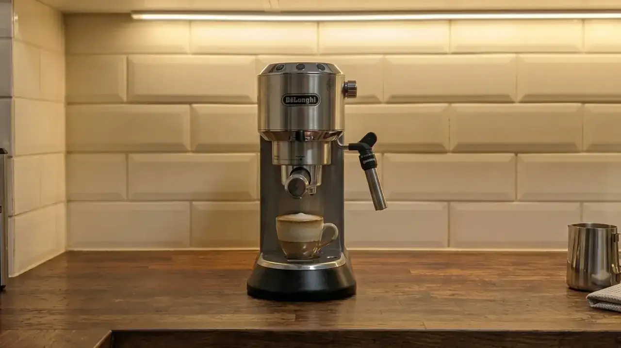 Ekspres do kawy DeLonghi z filiżanką cappuccino. Czas na odkamienianie ekspresu octem, by cieszyć się idealnym smakiem kawy.