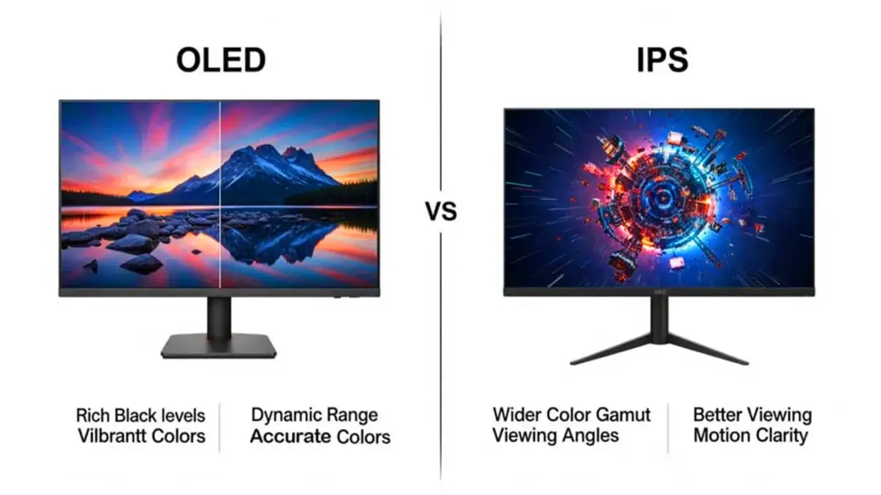 Porównanie ekranów: OLED z bogatą czernią i żywymi kolorami kontra IPS z szerszą gamą kolorów i lepszą klarownością ruchu.