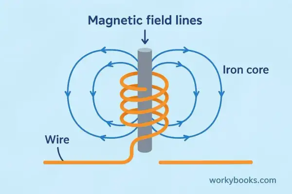 Schemat budowy elektromagnesu: drut nawinięty na rdzeń żelazny, wokół którego widoczne są linie pola magnetycznego.